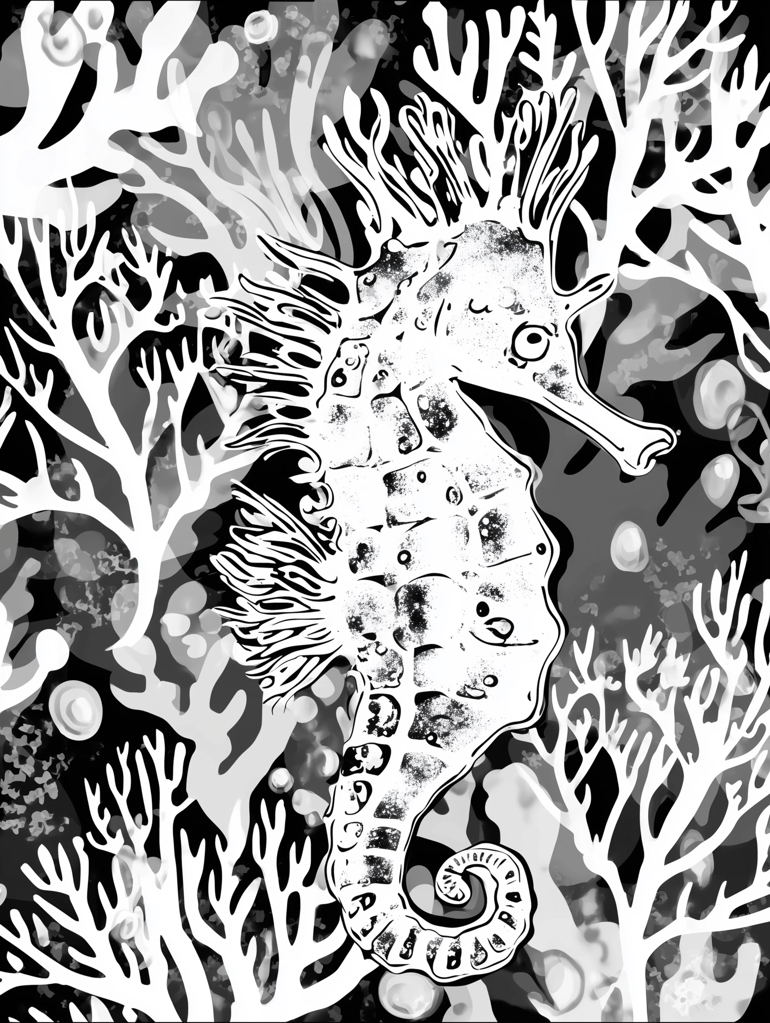 Free printable underwater coloring page for adults featuring a right facing seahorse